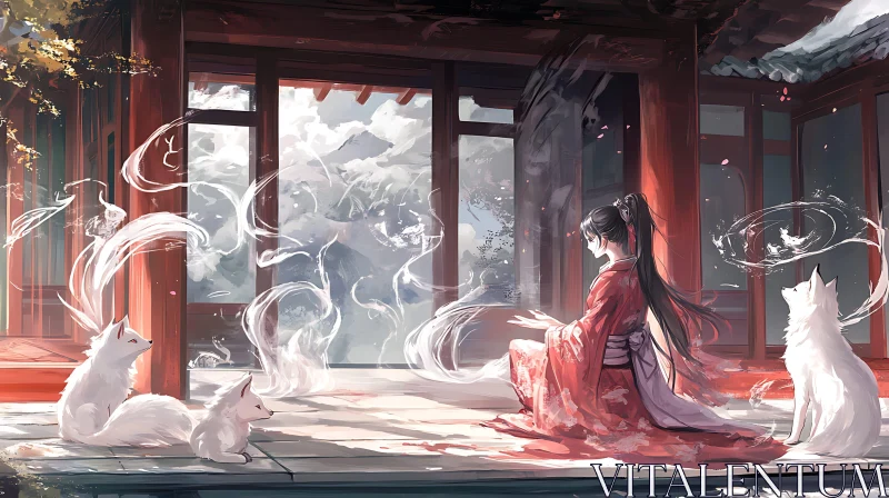 AI ART Serene Anime Scene with Kimono and Foxes