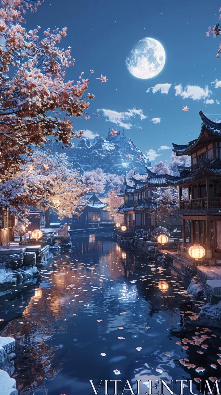 AI ART Tranquil Asian River Village at Night