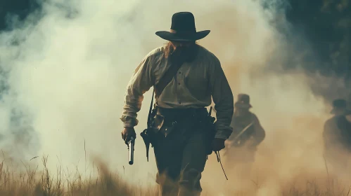 Man with Gun Walking Through Smoke