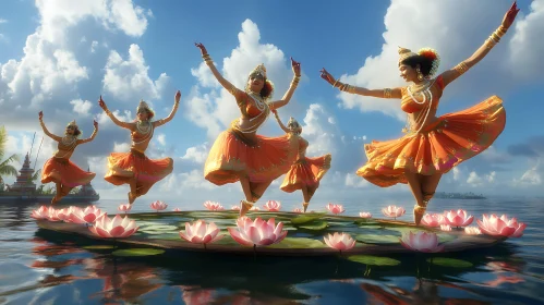 Women Dancing on Lotus in Water