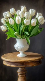 White Tulips in White Vase on Rustic Wooden Table