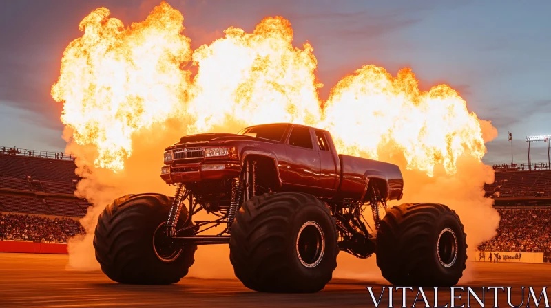 Monster Truck Show with Explosive Flames in Stadium AI Image