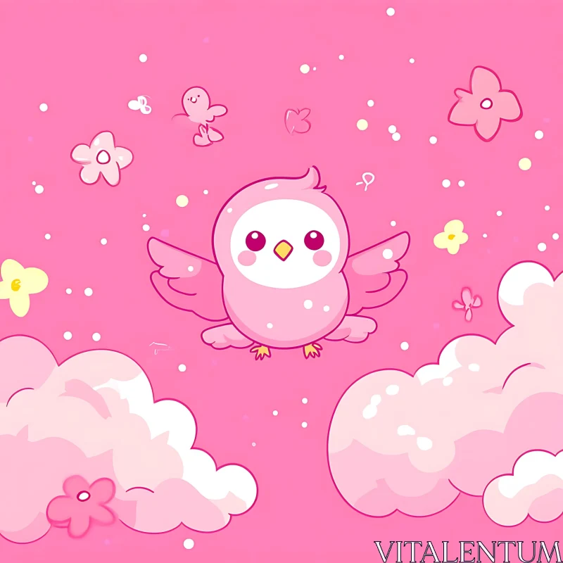 AI ART Cute Pink Owl with Flowers and Clouds