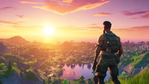 Man Overlooking Sunset Landscape
