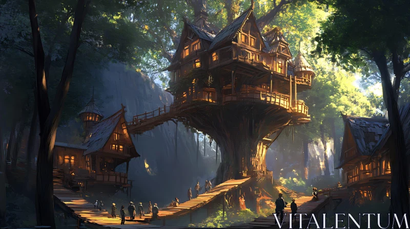 Whimsical Forest Village Treehouse Scene AI Image