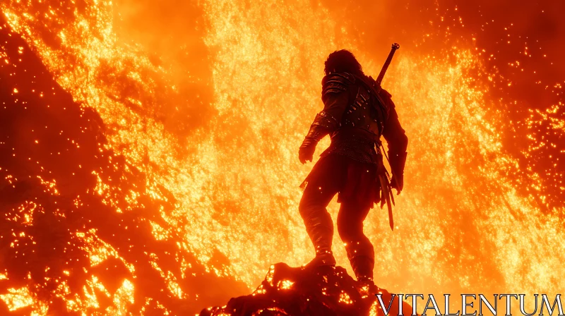 Warrior Facing Flames Eruption Scene AI Image