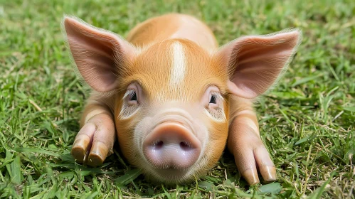 Cute Baby Piglet Lying on Grass