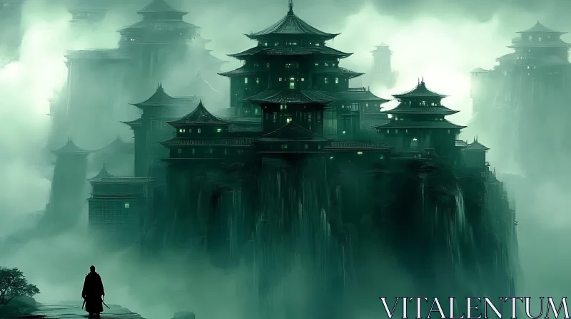 Ethereal Asian Cityscape with Warrior AI Image