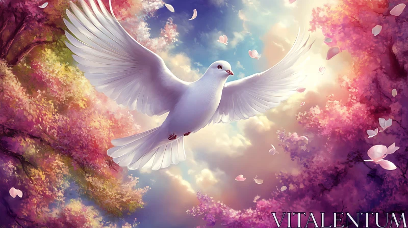 White Dove Soaring Among Pink Flowers AI Image