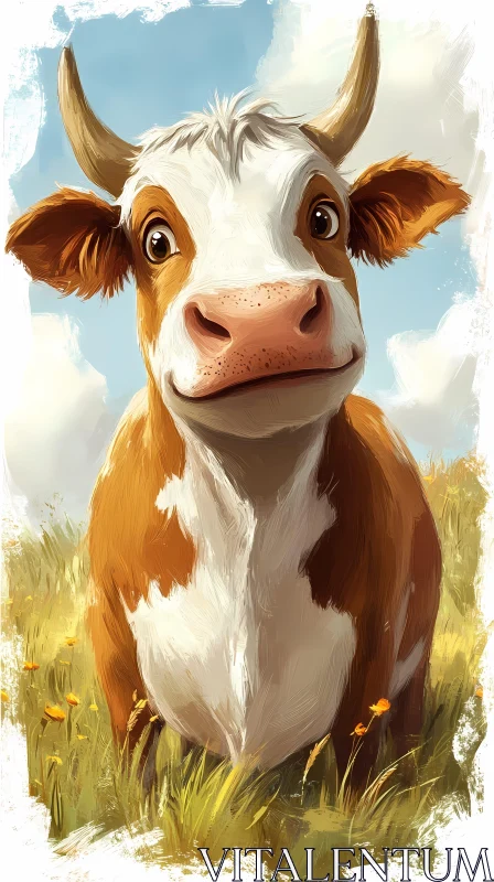 Playful Cow with Big Eyes in Nature AI Image