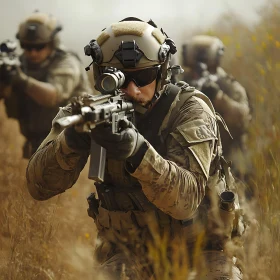 Camouflaged Soldiers Aiming Weapons