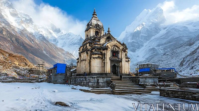 Mountain Temple Under Blue Sky AI Image