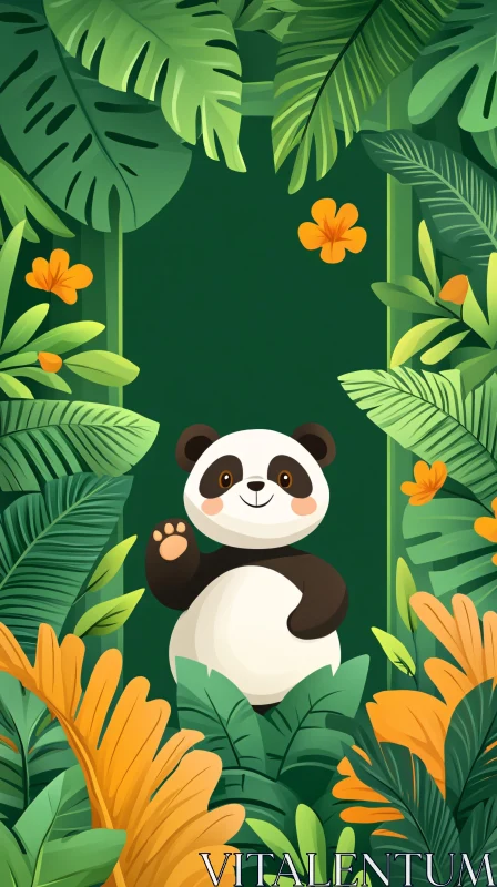 Cute Panda Amidst Tropical Leaves AI Image