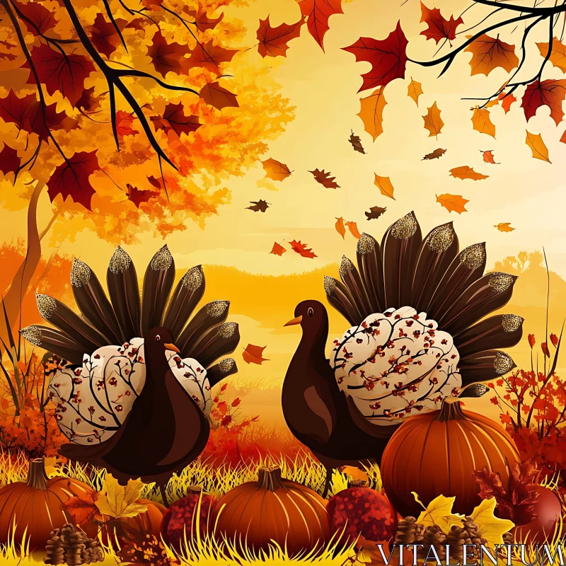 Thanksgiving Turkeys and Pumpkins AI Image