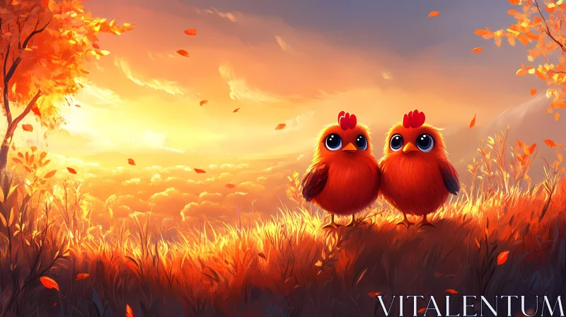 Adorable Birds in a Sunset Meadow AI Image