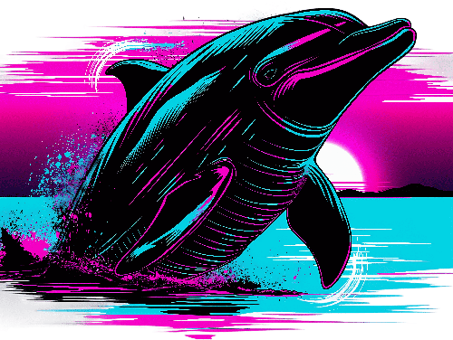 Black Dolphin Sunset Jump - Retro T-Shirt Print Design POD Design