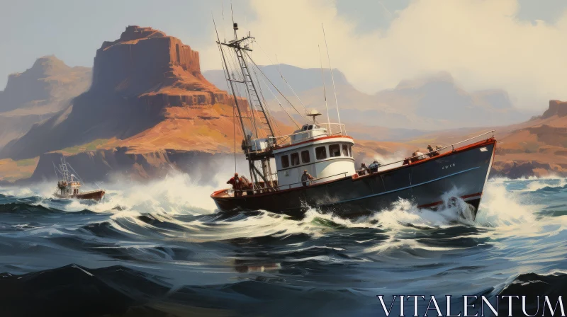 Captivating Painting of a Fishing Boat in Turbulent Waves AI Image
