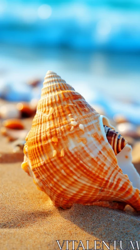 Conch Shell on Sandy Beach with Naturalistic Ocean Waves AI Image