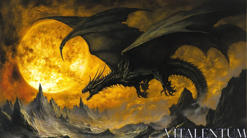 Black Dragon Soaring Over Mountains AI Image