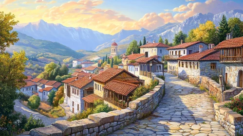 Quaint Village and Mountain Landscape Art