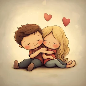 Cartoon Couple's Affectionate Embrace with Hearts