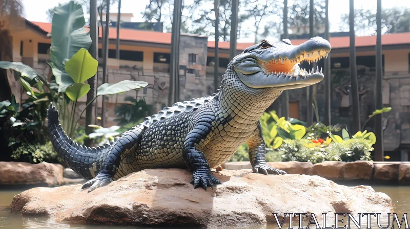 Realistic Crocodile Sculpture by a Pond AI Image