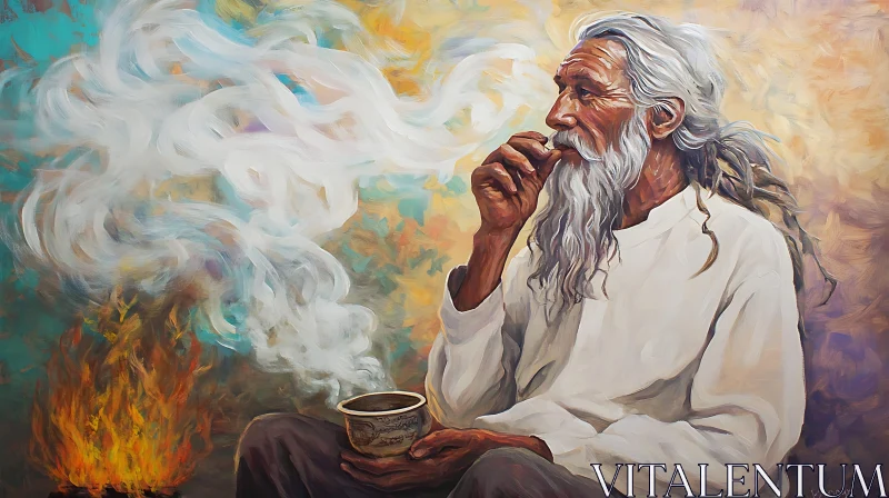 Elderly Man with Cup and Smoke Painting AI Image