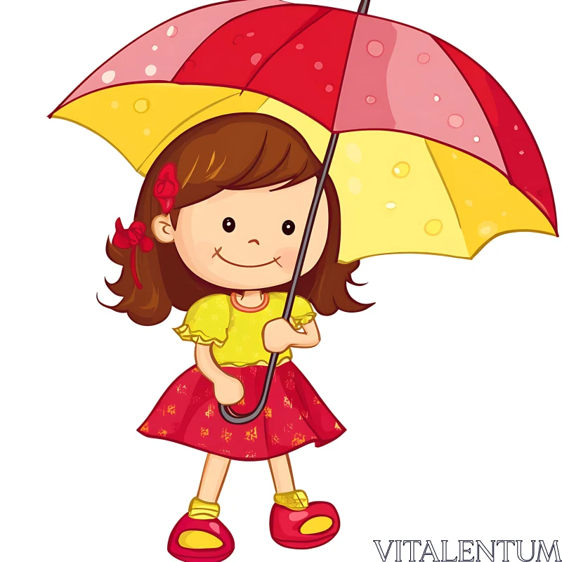 Cute Cartoon Girl with Colorful Umbrella AI Image