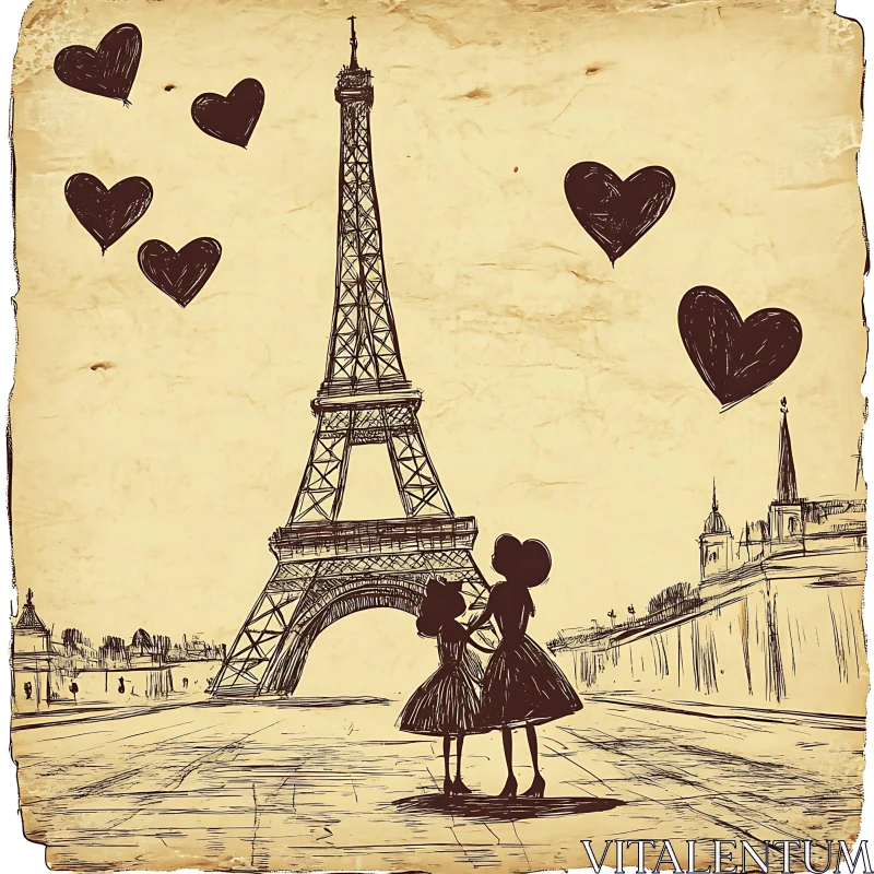 Eiffel Tower Sketch with Hearts AI Image