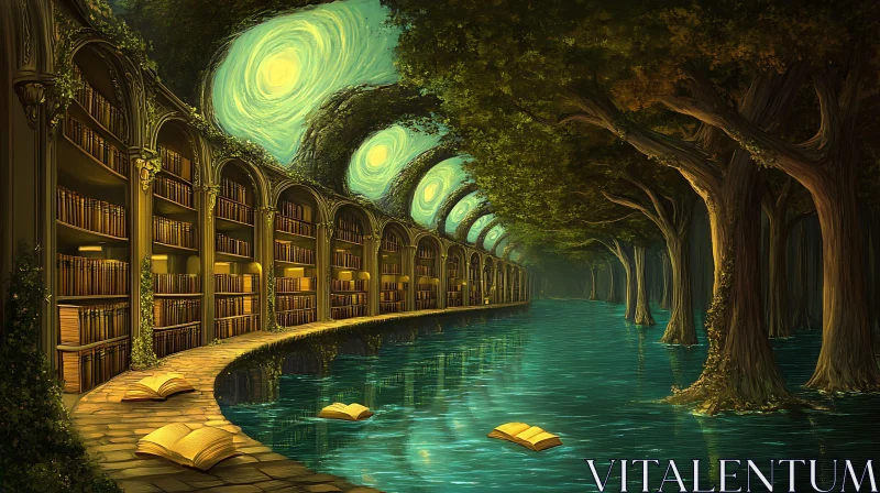 AI ART Surreal Waterside Library with Floating Books