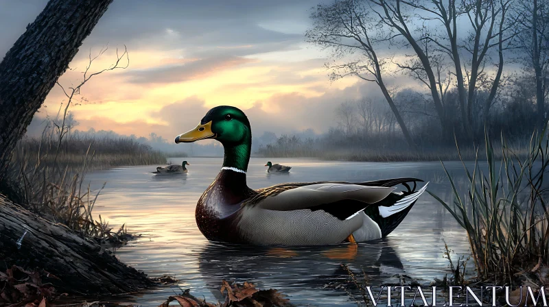 AI ART Mallard Duck in Misty Lake