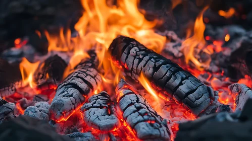 Close-up of Campfire Embers and Burning Logs