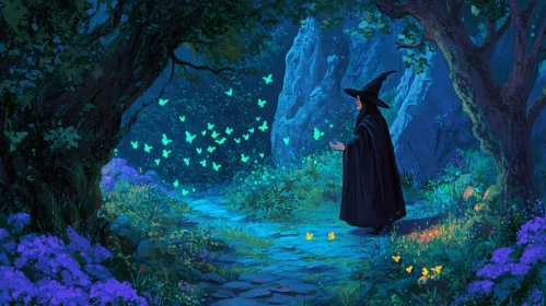 Mystical Forest Witch with Glowing Butterflies