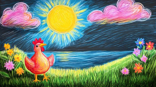 Colorful Chicken and Flowers Drawing