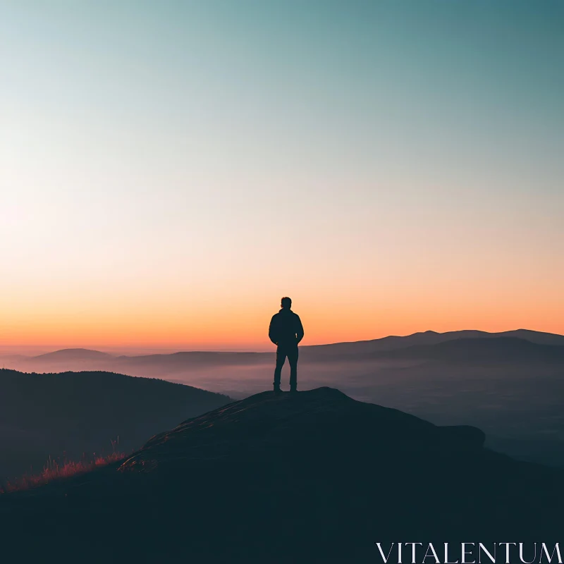 AI ART Silhouette on Mountain Peak at Sunset