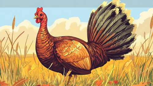 Illustration of a Turkey in Autumn Field
