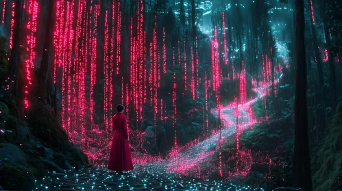 Neon Lit Forest with Figure in Red