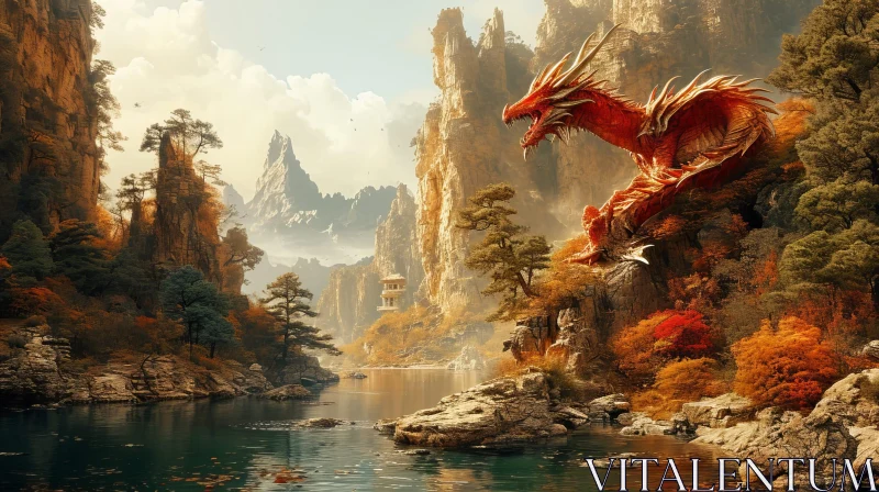 Majestic Dragon in a Lush Valley - Fantasy Landscape Painting AI Image