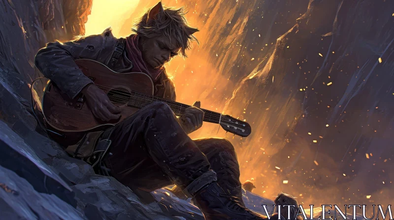 Post-Apocalyptic Scene: Lone Guitarist Amidst Rubble AI Image
