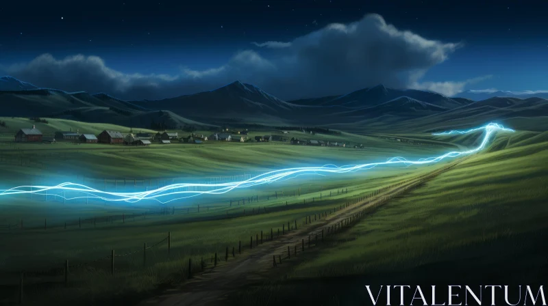 Powerful Lightning Bolt Strikes a Field at Night | Concept Art AI Image