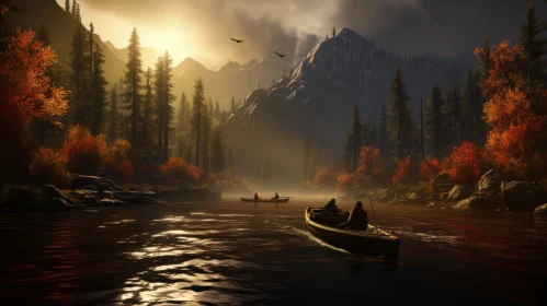Serene Mountain Lake with Canoe | Dark Navy and Amber | Hunting Scenes