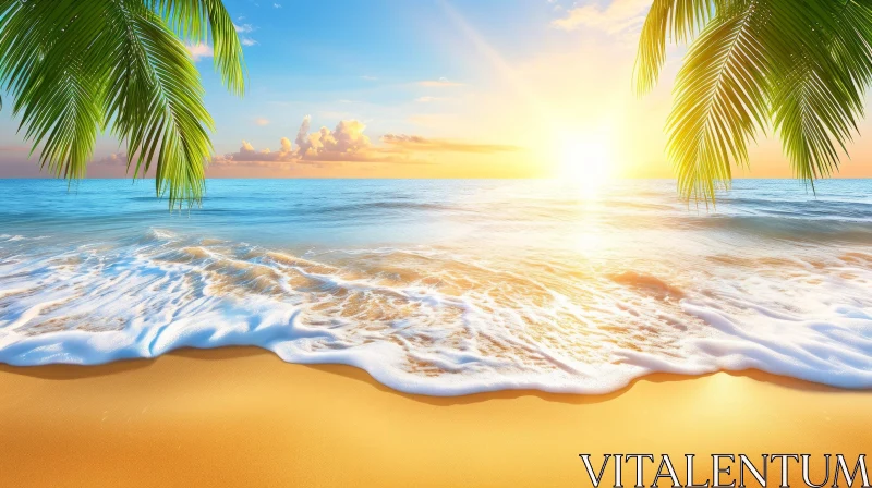 Serenity of Nature: Captivating Sunset at a Sandy Beach with Palm Trees AI Image