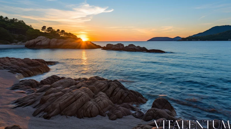 Sunset Beach Scene with Rocks - Italian and Mediterranean Landscape AI Image