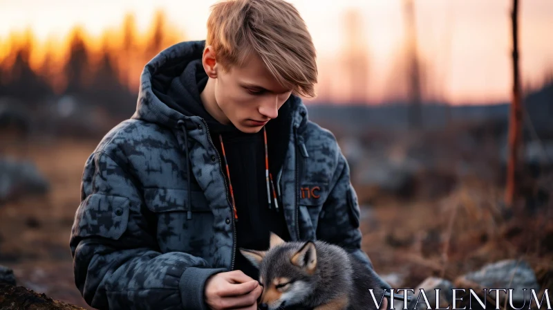 Young Man with Fox Companion in Dark and Gloomy Forest AI Image
