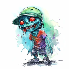 Zombie Child Cartoon Illustration with Watercolor Background