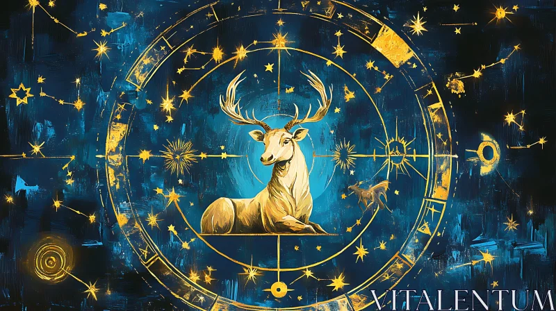 Golden Deer in Starry Zodiac Circle AI Image