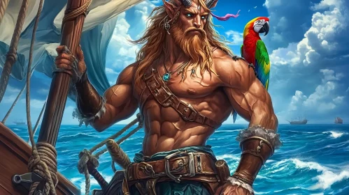 Horned Warrior and Parrot on Ship