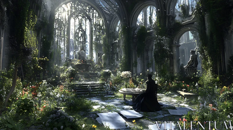 AI ART Overgrown Cathedral Ruins with Figure