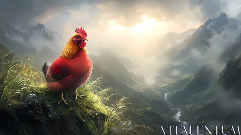 AI ART Rooster Overlooking Misty Valley