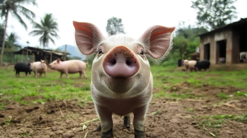 Inquisitive Piglet in Natural Farm Setting